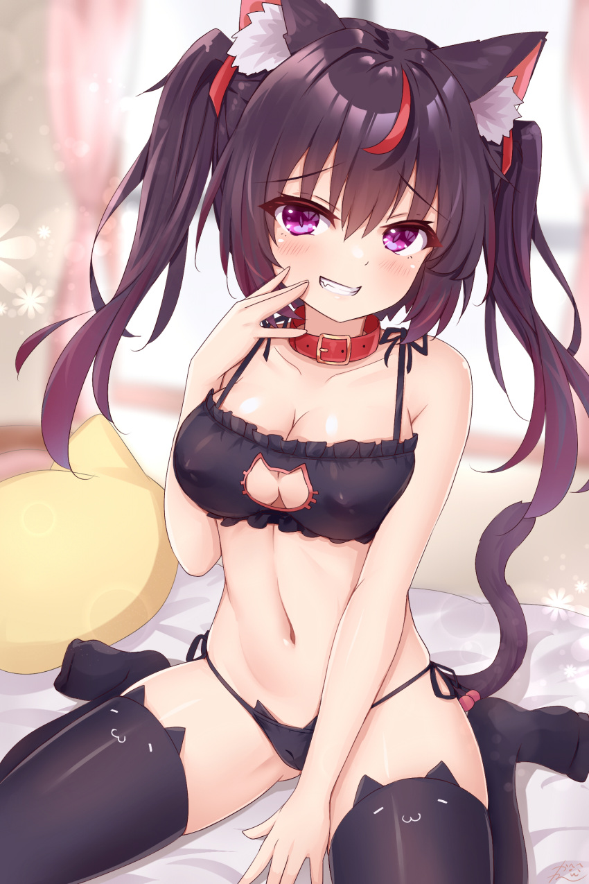 1girl absurdres animal_ear_fluff animal_ears bed black_hair black_thighhighs blush breasts cat-shaped_pillow cat_cutout cat_ears cat_girl cat_tail cleavage cleavage_cutout clothing_cutout collar commentary_request fang grin highres kazuneko-chan kazuneko_(wktk1024) long_hair looking_at_viewer multicolored_hair navel on_bed original purple_eyes red_collar red_hair sitting smile solo streaked_hair tail teeth thighhighs twintails