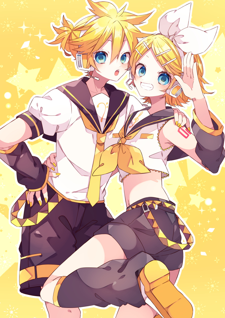 1boy 1girl arm_tattoo belt black_sailor_collar black_shorts blonde_hair blue_eyes crop_top detached_pants detached_sleeves hair_ornament hairclip hand_on_another's_shoulder hand_on_own_hip headset highres kagamine_len kagamine_rin kaho_0102 looking_at_viewer neckerchief necktie number_tattoo sailor_collar shirt short_hair short_sleeves shorts sleeveless standing standing_on_one_leg tattoo vocaloid white_shirt yellow_background yellow_footwear yellow_neckerchief yellow_necktie
