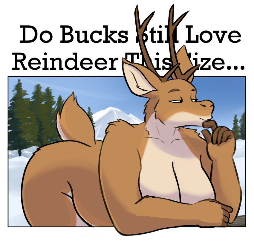 anthro antlers big_breasts big_butt breasts butt deer do_men_still_love_women_this_size english_text evergreen_tree female fur hi_res horn huge_breasts kikideernunda mammal meme mountain multicolored_body multicolored_fur narrowed_eyes new_world_deer nude orange_body orange_fur pine_tree plant reindeer sky slightly_chubby snow solo tan_body tan_fur text thinking tree tundra yellow_eyes