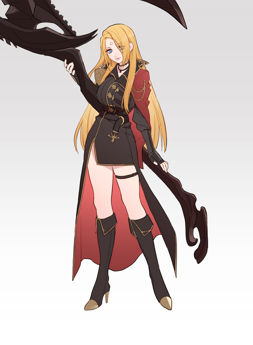 1girl black_coat black_footwear black_gloves blonde_hair blue_eyes boots bright_pupils cape coat collared_coat eyes_visible_through_hair final_fantasy final_fantasy_xiv fingerless_gloves forehead_jewel fuka_(kirrier) full_body garlean genderswap genderswap_(mtf) gloves grey_background high_heel_boots high_heels highres holding holding_scythe jewelry knee_boots legs_apart long_hair looking_at_viewer pendant reaper_(final_fantasy) red_cape scythe simple_background solo standing straight_hair thigh_strap two-sided_fabric white_pupils zenos_yae_galvus