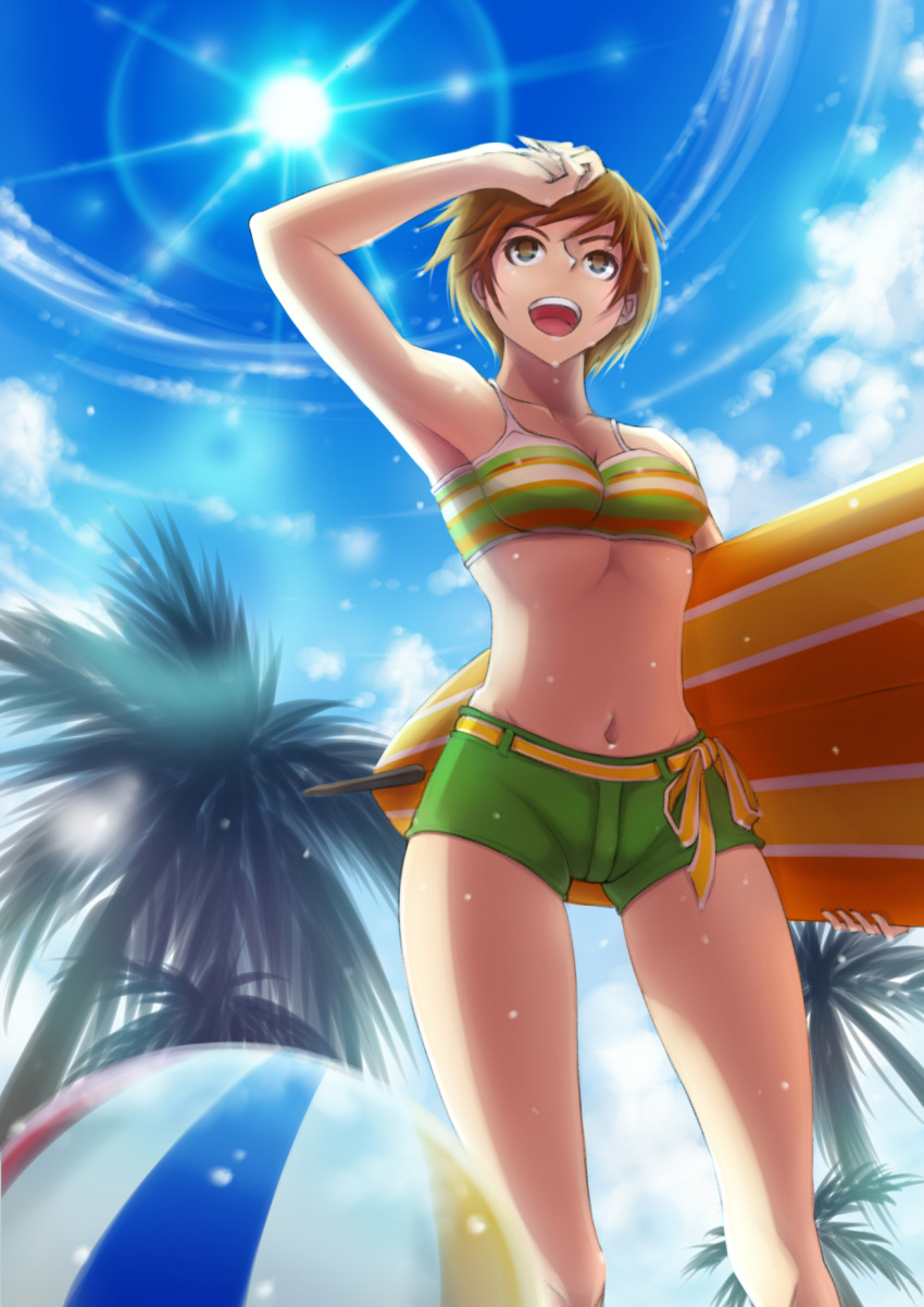 1girl ball beach beachball blue_sky boyshort_panties brown_eyes highres light_brown_hair navel palm_tree panko_(chan8191) persona persona_4 satonaka_chie short_hair sky solo sun sunlight surfboard swimsuit tree wet