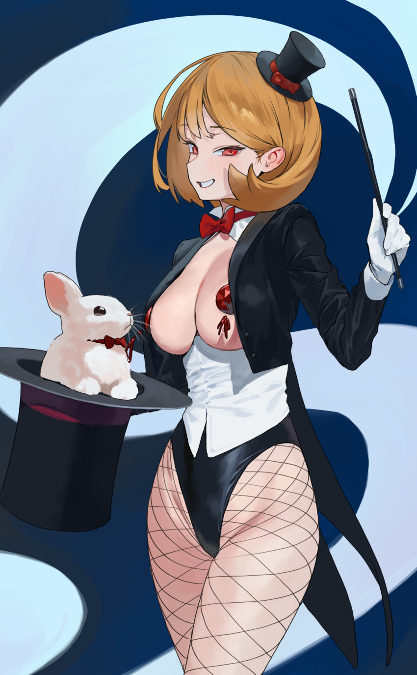 1girl :d animal black_hat black_jacket blue_background bow bowtie breasts breasts_out brown_hair coattails fishnet_pantyhose fishnets gloves grin hat highleg highres jacket large_breasts long_sleeves looking_at_viewer magic_trick mini_hat mini_top_hat no_bra open_clothes open_jacket original pantyhose parted_lips pasties rabbit red_bow red_bowtie red_eyes sekoshi_(some1else45) short_hair smile solo some1else45 top_hat two-tone_background wand white_gloves
