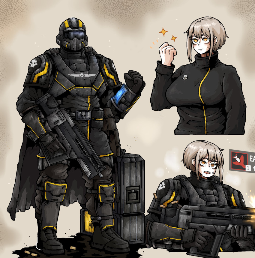 1girl ammunition_box ammunition_pouch armor assault_rifle belt blonde_hair bob_cut boots breasts bullpup cape clenched_hand explosive firing gloves grenade gun helldiver_(helldivers) helldivers_(series) helmet highres large_breasts looking_at_viewer military_uniform octosoup orange_eyes pouch rifle scar scar_on_face shell_casing simple_background skull smile sparkle sweat trigger_discipline turtleneck uniform weapon