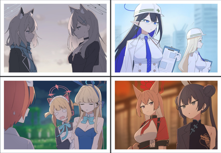 6+girls animal_ear_fluff animal_ear_headphones animal_ears apron ayumu_(blue_archive) black_choker black_dress black_hair black_jacket blazer blonde_hair blue_archive blue_bow blue_bowtie blue_eyes blue_hair blue_halo blue_leotard blue_necktie blue_scarf bow bowtie breasts brown_hair china_dress chinese_clothes choker cleavage closed_eyes coat collared_dress colored_inner_hair cross_hair_ornament dark_halo detached_collar double_bun dress earrings extra_ears fake_animal_ears glasses gloves grey_coat grey_eyes grey_hair grey_halo hair_bun hair_ornament halo headphones jacket jewelry kisaki_(blue_archive) large_breasts leotard long_hair long_sleeves maid maid_apron maid_headdress medium_breasts medium_hair mikan_battery momoi_(blue_archive) momoi_(maid)_(blue_archive) multicolored_hair multiple_girls necktie neru_(blue_archive) official_alternate_costume open_mouth pink_halo pointy_ears purple_eyes rabbit_ears red_hair red_halo red_jacket rin_(blue_archive) rumi_(blue_archive) scarf shiroko_(blue_archive) shiroko_terror_(blue_archive) short_hair short_sleeves sleeveless sleeveless_dress strapless strapless_leotard striped_clothes striped_coat toki_(blue_archive) toki_(bunny)_(blue_archive) twintails vertical-striped_clothes vertical-striped_coat white_apron white_dress white_gloves wolf_ears