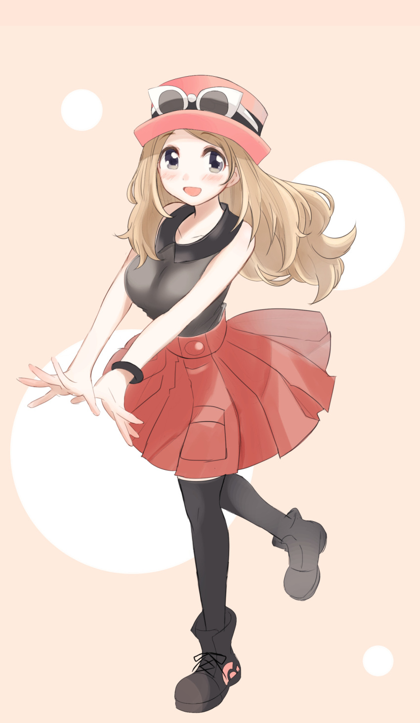 1girl :d absurdres black_footwear black_thighhighs blonde_hair blush bracelet breasts collared_shirt commentary_request eyewear_on_headwear full_body grey_eyes happy hat highres jewelry long_hair looking_at_viewer nasakixoc open_mouth pleated_skirt pokemon pokemon_xy red_skirt serena_(pokemon) shirt shoes skirt smile sunglasses thighhighs white-framed_eyewear
