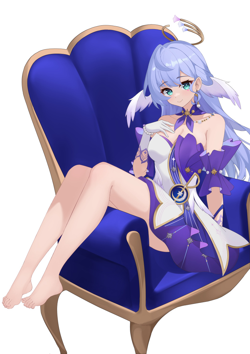 1girl absurdres aqua_eyes armchair bare_shoulders barefoot blue_hair breasts chair choker cleavage commentary detached_sleeves dress gloves hand_up head_wings highres honkai:_star_rail honkai_(series) kurosti long_hair looking_at_viewer purple_choker robin_(honkai:_star_rail) short_sleeves simple_background sitting smile solo strapless strapless_dress very_long_hair white_background white_gloves wings