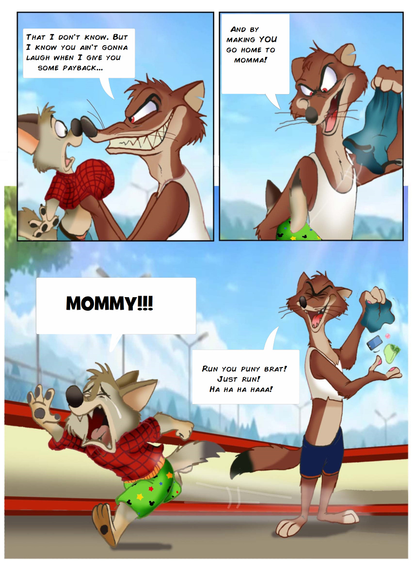 2024 4_fingers angry_expression anthro basketball_court bottomwear brown_body brown_fur canid canine canis cheek_tuft clothed clothing comic coyote day detailed_background dialogue disney duke_weaselton duo duo_focus english_text facial_tuft fairytalesartist fingers fur group hi_res holding_another holding_clothing holding_object inside laugh laughing_at looking_down macro macro_anthro male mammal multicolored_body multicolored_fur multicolored_tail mustelid musteline pivoted_ears red_eyes running running_away shirt shocked shocked_expression shorts smile speech_bubble surprise tail tank_top teeth text topwear true_musteline tuft underwear weasel yelling zootopia