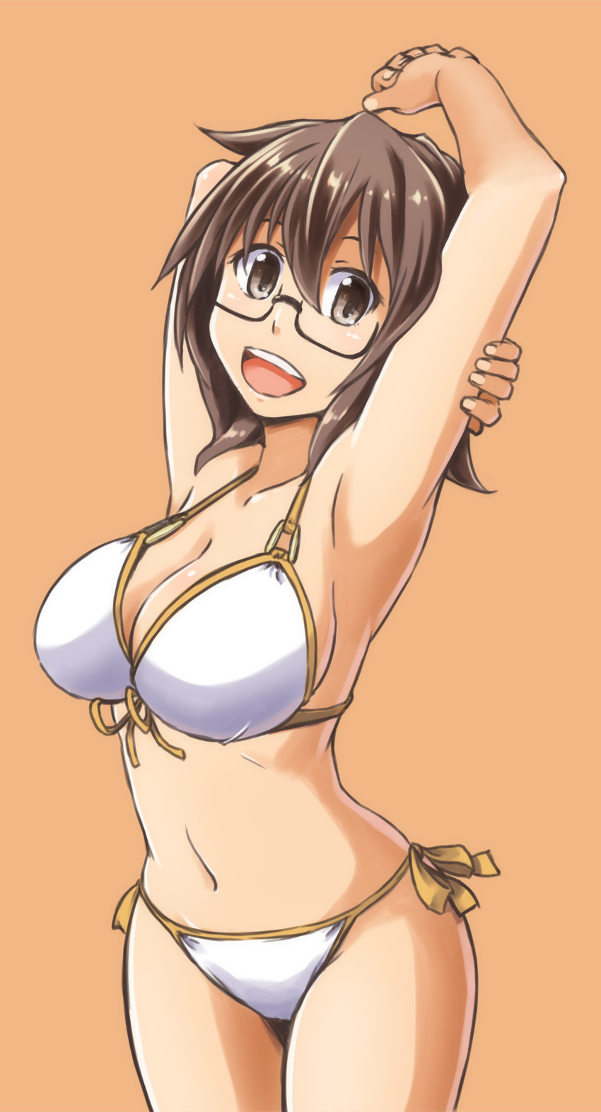 :d absurdres alto-00 armpits arms_up aussa bikini breasts brown_eyes brown_hair cowboy_shot duel_monster front-tie_bikini front-tie_top glasses highres large_breasts looking_at_viewer navel open_mouth short_hair side-tie_bikini smile solo stretch swimsuit white_bikini yuu-gi-ou