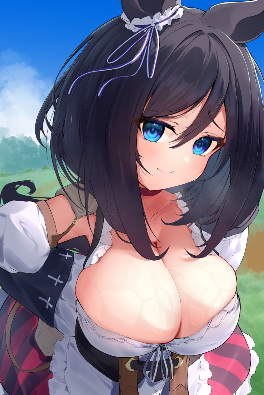 1girl absurdres animal_ears apron bare_shoulders black_hair black_sleeves blouse blue_eyes blue_sky bob_cut bodice breasts choker cleavage commentary_request detached_sleeves dirndl ear_ornament ear_scrunchie eishin_flash_(umamusume) frilled_apron frilled_sleeves frills german_clothes hair_between_eyes highres horse_ears horse_girl jewelry large_breasts looking_at_viewer outdoors red_choker scrunchie shirt short_hair shumai_il sky smile solo umamusume upper_body white_apron white_scrunchie white_shirt
