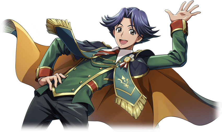 1boy arm_up artist_request black_eyes black_pants blue_hair buttons cape code_geass code_geass:_lost_stories cowboy_shot cropped_legs double-breasted dutch_angle feather_trim flower formal game_cg green_jacket hair_intakes hand_on_own_hip happy highres jacket male_focus medal necktie non-web_source official_art open_mouth orange_cape orange_flower pants red_necktie rivalz_cardemonde short_hair short_necktie simple_background smile solo standing teeth transparent_background waving white_flower