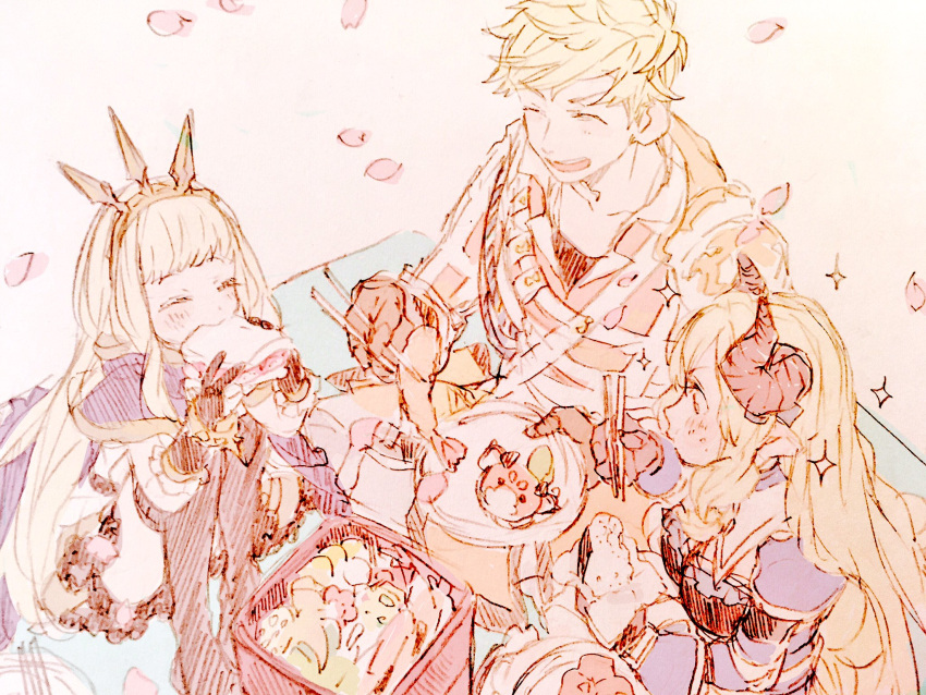 1boy 2girls blonde_hair cagliostro_(granblue_fantasy) character_request cherry_blossoms chopsticks closed_eyes curled_horns dress eating gacho_p granblue_fantasy highres horns jacket long_hair multiple_girls open_mouth petals picnic sandwiched sitting sketch smile tiara