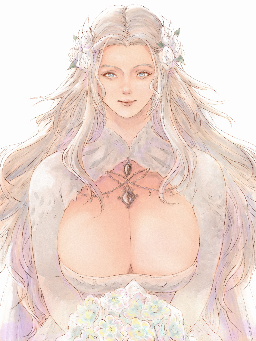 1girl blue_eyes bouquet breasts cleavage cleavage_cutout clothing_cutout commentary dress final_fantasy final_fantasy_xiv flower gusty10rk hair_flower hair_ornament highres holding holding_bouquet huge_breasts long_hair looking_at_viewer solo upper_body venat_(ff14) wedding_dress white_hair