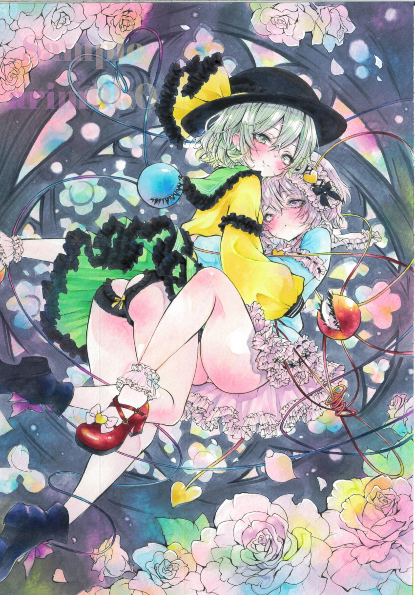 2girls absurdres arim0k0 artist_name ass black_footwear black_panties blush closed_mouth commentary flower frilled_hairband frilled_shirt frilled_skirt frills full_body green_eyes green_hair green_skirt hairband hat hat_ribbon heart heart_of_string high_heels highres komeiji_koishi komeiji_satori long_sleeves looking_at_viewer marker_(medium) multiple_girls panties pink_eyes red_footwear ribbon rose sample_watermark shirt short_hair siblings sisters skirt smile third_eye touhou traditional_media underwear watermark yellow_shirt