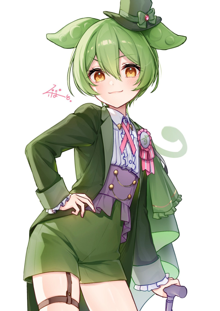 1boy alternate_costume award_ribbon buttons cane cape center_frills closed_mouth coat collared_shirt contrapposto cowboy_shot cross_tie frilled_shirt frills genderswap genderswap_(ftm) green_cape green_coat green_hair green_hat green_shorts guribato hair_between_eyes hand_on_own_hip hat highres long_sleeves looking_at_viewer mini_hat mini_top_hat open_clothes open_coat purple_sash sash shirt short_hair shorts side_cape signature simple_background smile solo standing thigh_strap top_hat very_short_hair voicevox white_background white_shirt yellow_eyes zundamon