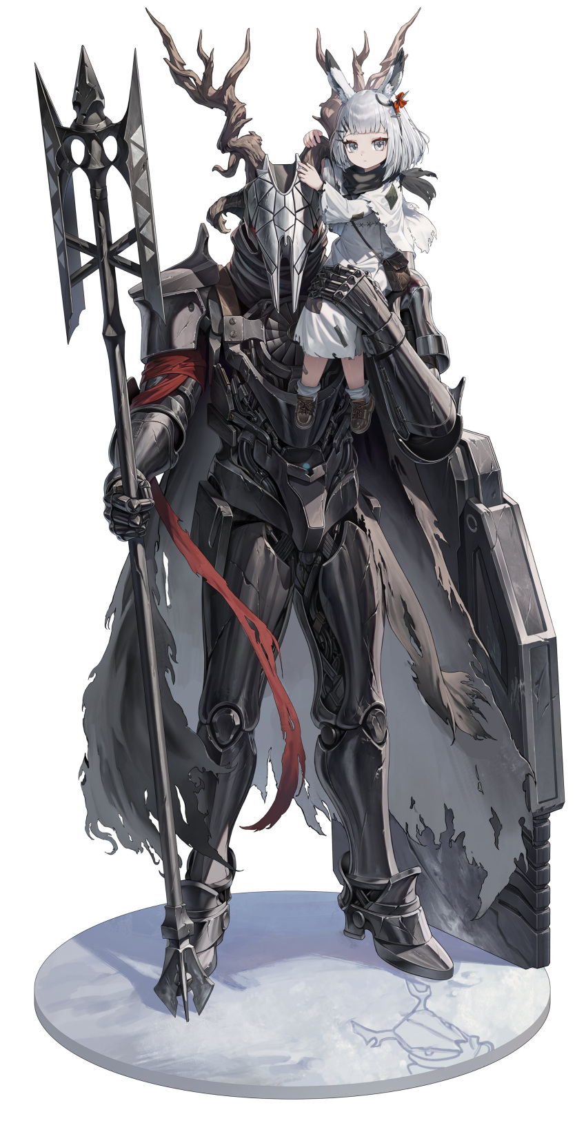 1boy 1girl absurdres aged_down animal_ears antlers arknights armor ballistic_shield cape cryturtle deer_antlers deer_skull father_and_daughter frostnova_(arknights) grey_eyes halberd highres holding_halberd horns patriot_(arknights) polearm power_armor rabbit_ears rabbit_girl shield torn_cape torn_clothes weapon white_hair