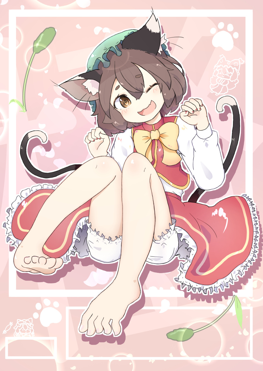 1girl ;d absurdres animal_ear_fluff animal_ears bare_legs barefoot bloomers bow bowtie brown_eyes brown_hair cat_ears cat_tail chen commentary_request double-parted_bangs fang full_body gakubutiudonn449 gold_trim hair_between_eyes hands_up happy hat head_tilt highres knees_together_feet_apart knees_up leaf light_blush long_sleeves looking_at_viewer mob_cap multiple_tails nekomata one_eye_closed open_mouth paw_pose petticoat pink_background puffy_long_sleeves puffy_sleeves red_skirt red_vest short_hair simple_background sitting skin_fang skirt skirt_set smile solo tail toes touhou two_tails vest yellow_bow yellow_bowtie