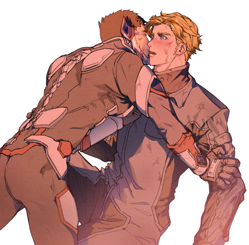 2boys absurdres ao_isami ass bara black_bodysuit black_hair blonde_hair blush bodysuit bruise couple cuts facial_hair highres imminent_kiss injury kiss lewis_smith male_focus multiple_boys poyosoftware sideburns_stubble stubble surprise_kiss surprised thick_eyebrows toned toned_male yaoi yuuki_bakuhatsu_bang_bravern