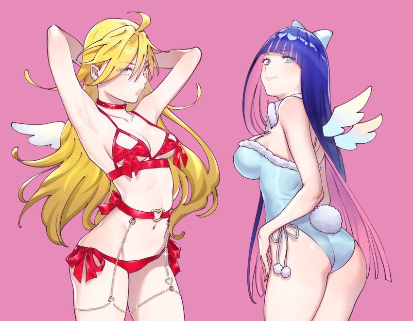 2girls ahoge armpits arms_behind_head ass blonde_hair blue_eyes blue_hair blue_leotard blunt_bangs bomhat bow bra breasts choker cleavage colored_inner_hair commission cowboy_shot fur-trimmed_leotard fur_trim garter_belt garter_straps hair_bow leotard lingerie lips long_hair looking_at_viewer medium_breasts multicolored_hair multiple_girls panties panty_&amp;_stocking_with_garterbelt panty_(psg) pink_background pom_pom_(clothes) rabbit_tail red_bow red_bra red_choker red_panties small_breasts smile stocking_(psg) stomach tail thighs two-tone_hair underwear very_long_hair