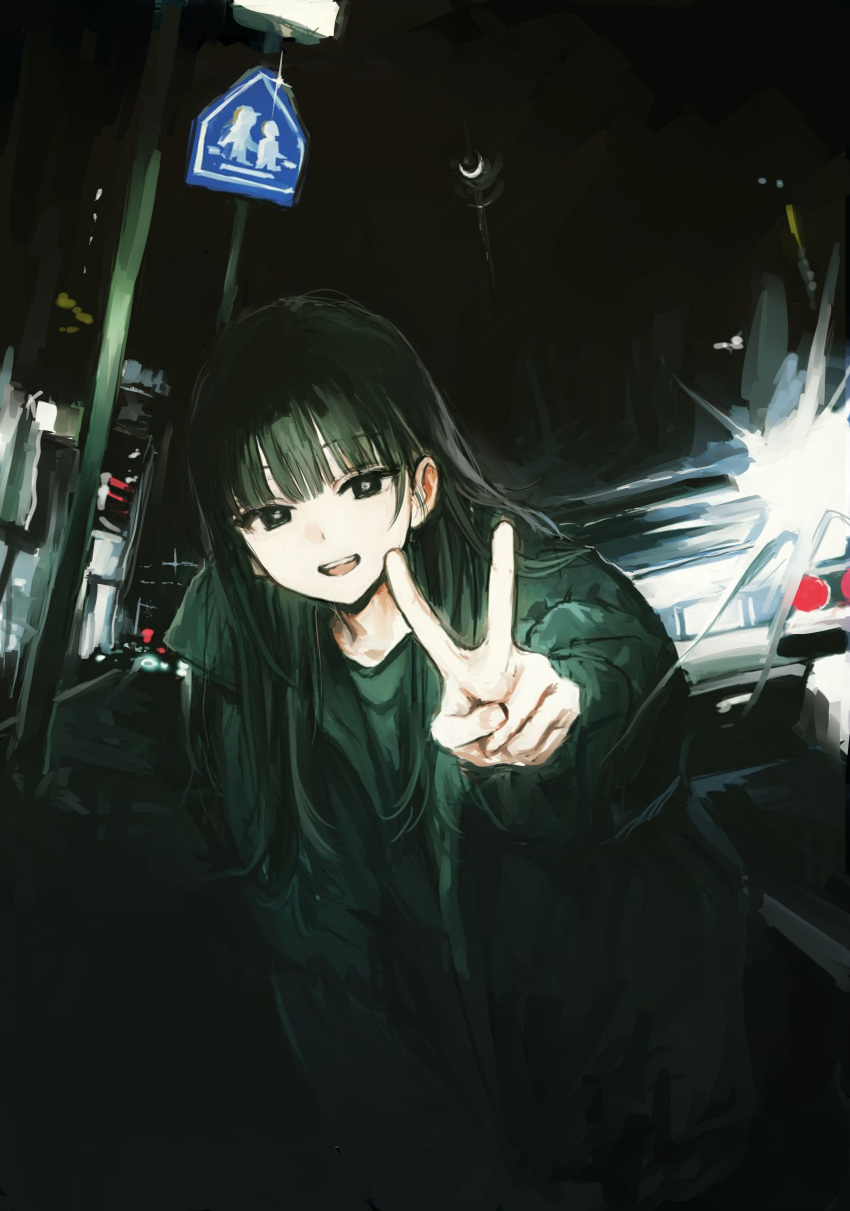 1boy :d absurdres androgynous backlighting black-haired_boy_(iwzry) black_eyes black_hair black_jacket black_shirt car collared_jacket cowboy_shot dark fisheye funabashi_(iwzry) glint hand_on_own_leg highres jacket lamppost leaning_forward long_bangs long_hair long_sleeves motor_vehicle night night_sky open_clothes open_jacket open_mouth original outdoors outstretched_arm shirt sidelocks sign sky smile solo straight_hair teeth upper_teeth_only v