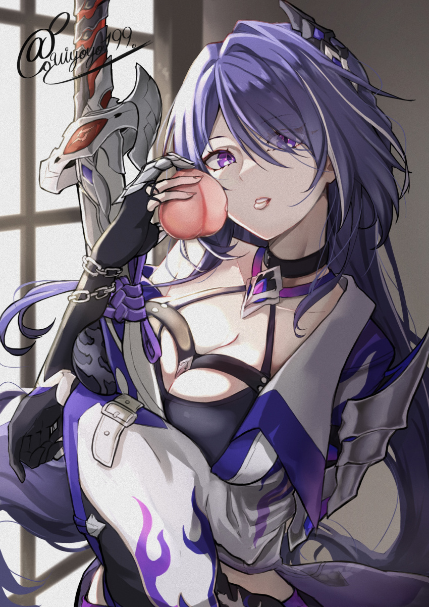 1girl acheron_(honkai:_star_rail) black_gloves breasts cleavage commentary food fruit gloves hair_ornament highres holding holding_food holding_fruit honkai:_star_rail honkai_(series) katana kouno_(uiyoyo199) large_breasts long_hair peach purple_eyes purple_hair scabbard sheath sheathed solo sword symbol-only_commentary upper_body very_long_hair weapon