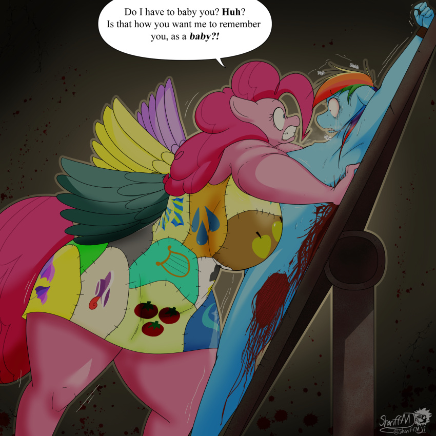 2024 anthro big_breasts blood bodily_fluids breasts clenched_teeth creepypasta crying cupcake cupcakes_(mlp_fanfic) cutie_mark dialogue duo english_text equid equine female food friendship_is_magic gore green_background hasbro hi_res horse mammal masterj291 my_little_pony pinkie_pie_(mlp) pony rainbow_dash_(mlp) saliva scar scared scared_expression scared_face simple_background speech_bubble tears teeth text thick_thighs torture torture_rack_(disambiguation)