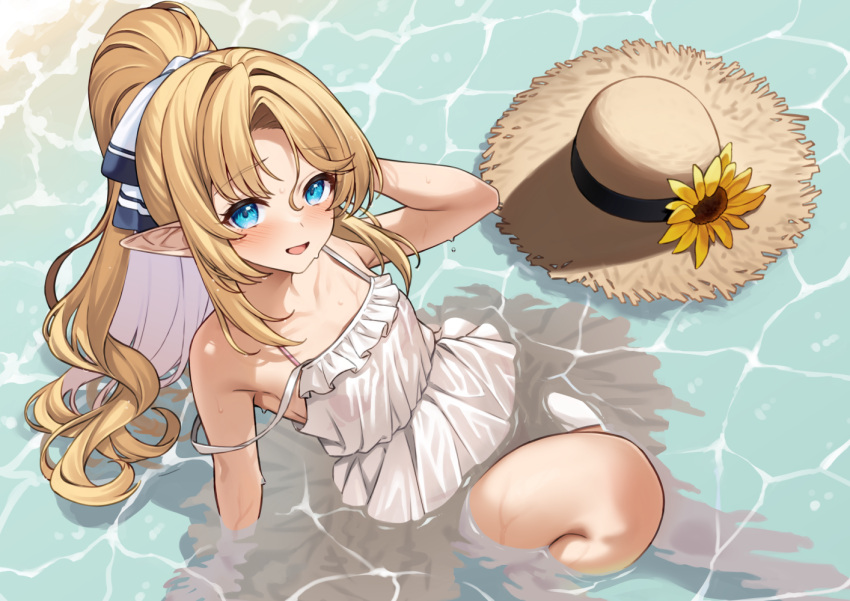 1girl blonde_hair blue_eyes blush brown_hat commentary_request dress elf enjo_kouhai hair_ribbon hat iris_(takunomi) long_hair looking_at_viewer open_mouth partially_submerged pointy_ears ribbon sitting sleeveless sleeveless_dress solo straw_hat takunomi unworn_hat unworn_headwear white_dress white_ribbon