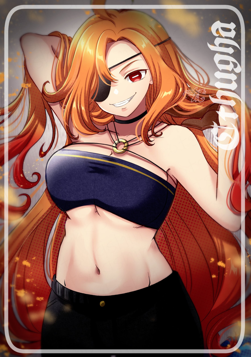 1girl absurdres arm_up bandeau black_choker character_request choker commentary_request copyright_request criss-cross_halter eyepatch grin halterneck hand_up hands_in_hair head_tilt highres long_hair midriff navel o-ring orange_hair red_eyes shimotsukishin smile solo stomach very_long_hair