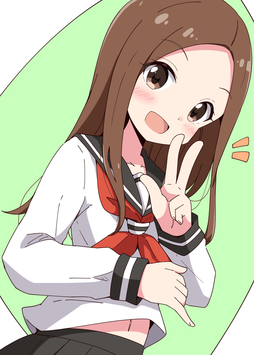 1girl :d absurdres aikawa_ryou black_sailor_collar black_skirt blush brown_eyes brown_hair commentary_request forehead green_background highres karakai_jouzu_no_takagi-san long_hair long_sleeves looking_at_viewer navel neckerchief notice_lines parted_bangs pleated_skirt puffy_long_sleeves puffy_sleeves red_neckerchief sailor_collar school_uniform serafuku shirt skirt smile solo takagi-san two-tone_background v white_background white_shirt