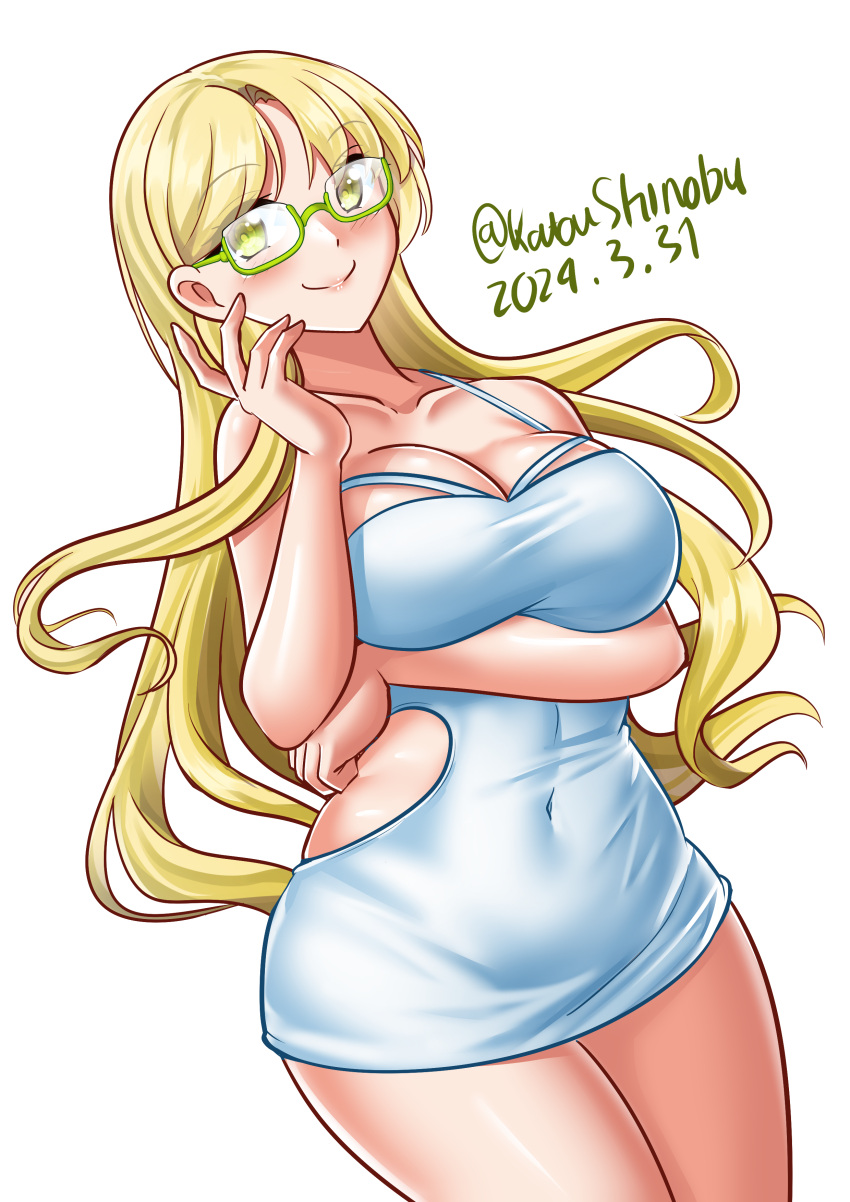 1girl absurdres alternate_costume blonde_hair breasts cleavage covered_navel dated dress glasses green-framed_eyewear highres kantai_collection katou_shinobu large_breasts long_hair northampton_(kancolle) one-hour_drawing_challenge simple_background solo twitter_username white_background white_dress yellow_eyes