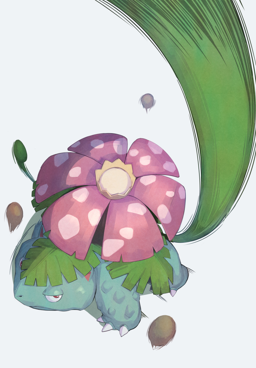 absurdres animal_focus bright_pupils claws full_body highres kikken leaf looking_at_viewer looking_up motion_lines no_humans plant pokemon pokemon_(creature) red_eyes simple_background solo venusaur vines white_background white_pupils