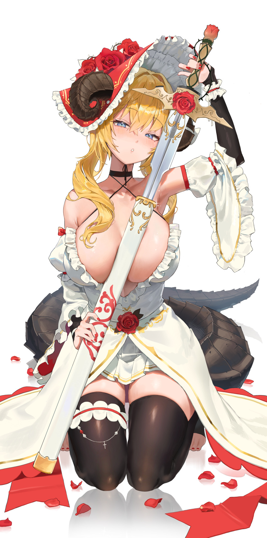 1girl absurdres arm_up armpits bare_shoulders between_breasts black_choker black_thighhighs blonde_hair blue_eyes bodiedwile breasts choker cleavage commission criss-cross_halter curled_horns detached_sleeves dress fedora frilled_dress frilled_sleeves frills halterneck hat highres holding holding_sword holding_weapon horns horns_through_headwear kneeling large_breasts long_hair long_sleeves looking_at_viewer miniskirt nail_polish original parted_lips pleated_skirt sheath skindentation skirt solo spaghetti_strap sword tail thighhighs toeless_legwear toenail_polish toenails twintails unsheathing weapon white_dress white_skirt wide_sleeves zettai_ryouiki