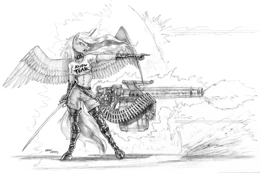 2017 anthro baron_engel breasts clothing female force_field friendship_is_magic greyscale gun hi_res levitation machine_gun magic mammal melee_weapon monochrome my_little_pony princess_luna_(mlp) ranged_weapon simple_background solo sword traditional_media_(artwork) weapon white_background wings