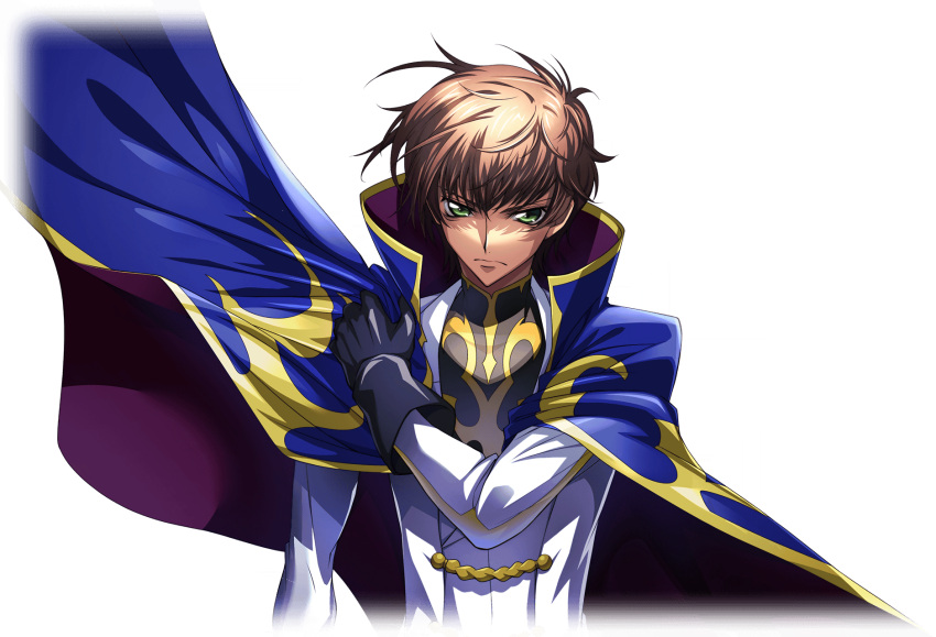 1boy adjusting_cape adjusting_clothes arm_at_side artist_request black_gloves black_shirt blue_cape cape closed_mouth coat code_geass code_geass:_lost_stories cropped_torso game_cg gloves gold_trim green_eyes hand_up high_collar highres jacket kururugi_suzaku long_sleeves looking_at_viewer male_focus military_uniform non-web_source official_art serious shirt sidelocks simple_background solo standing transparent_background two-sided_cape two-sided_fabric uniform upper_body v-shaped_eyebrows white_coat white_jacket