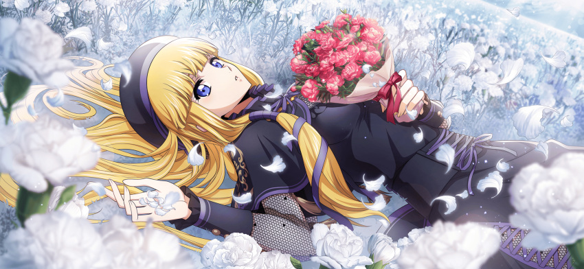 1girl artist_request back_bow beret black_bow black_capelet black_dress black_hat blonde_hair blue_eyes blunt_bangs blurry blurry_foreground bouquet bow breasts capelet code_geass code_geass:_lost_stories cross-laced_clothes cross-laced_dress day dress dutch_angle field flower flower_field from_side game_cg hair_spread_out hand_up hat highres holding holding_bouquet holding_petal light_rays long_hair long_sleeves looking_at_viewer lying medium_breasts monica_kruszewski neck_ribbon non-web_source official_art on_back on_ground outdoors parted_lips petals purple_ribbon red_bow red_flower red_rose ribbon rose see-through see-through_sleeves side_slit sidelocks solo sunlight teeth white_flower white_rose