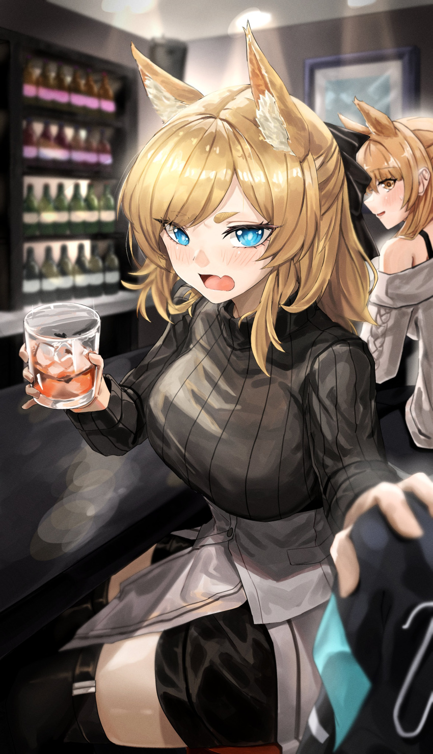 1other 2girls absurdres alcohol alternate_costume animal_ear_fluff animal_ears arknights bar_(place) black_thighhighs blemishine_(arknights) blush bottle cup doctor_(arknights) drinking_glass drunk highres holding holding_cup horse_ears horse_girl ice ice_cube multiple_girls putcho thighhighs whislash_(arknights) wine_bottle