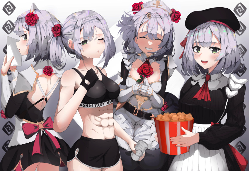 4girls abs absurdres alternate_costume alternate_hairstyle armor braid breasts chicken_nuggets cleavage dress flower food fried_chicken genshin_impact green_eyes grey_hair gym_uniform hair_flower hair_ornament highres holding holding_flower holding_food kfc maid maid_headdress multiple_girls muscular muscular_female noelle_(genshin_impact) noelle_(kfc)_(genshin_impact) open_mouth red_flower red_rose rose short_hair sic_lazy_jung smile sportswear