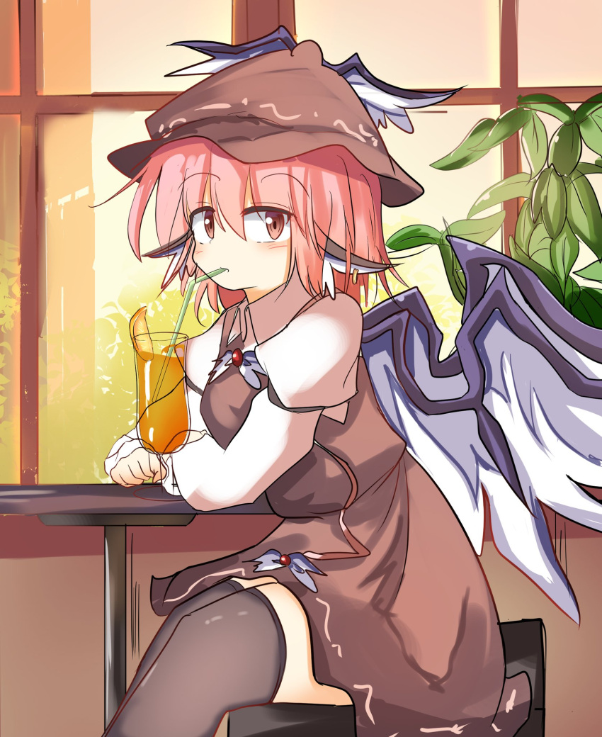 1girl animal_ears bird_ears bird_wings black_thighhighs collared_shirt drink hat highres indoors juliet_sleeves long_sleeves mob_cap mystia_lorelei pink_eyes pink_hair puffy_sleeves safupara_(crnsrd65) shirt sitting solo thighhighs touhou white_shirt white_wings wings zettai_ryouiki