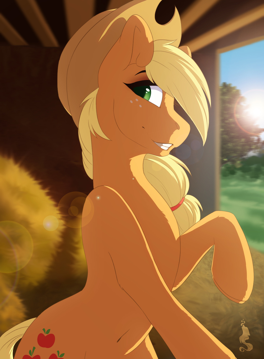 applejack_(mlp) blonde_hair cutie_mark day detailed_background equine friendship_is_magic fur green_eyes hair hat hay hooves mammal my_little_pony orange_fur outside silentwulv smile