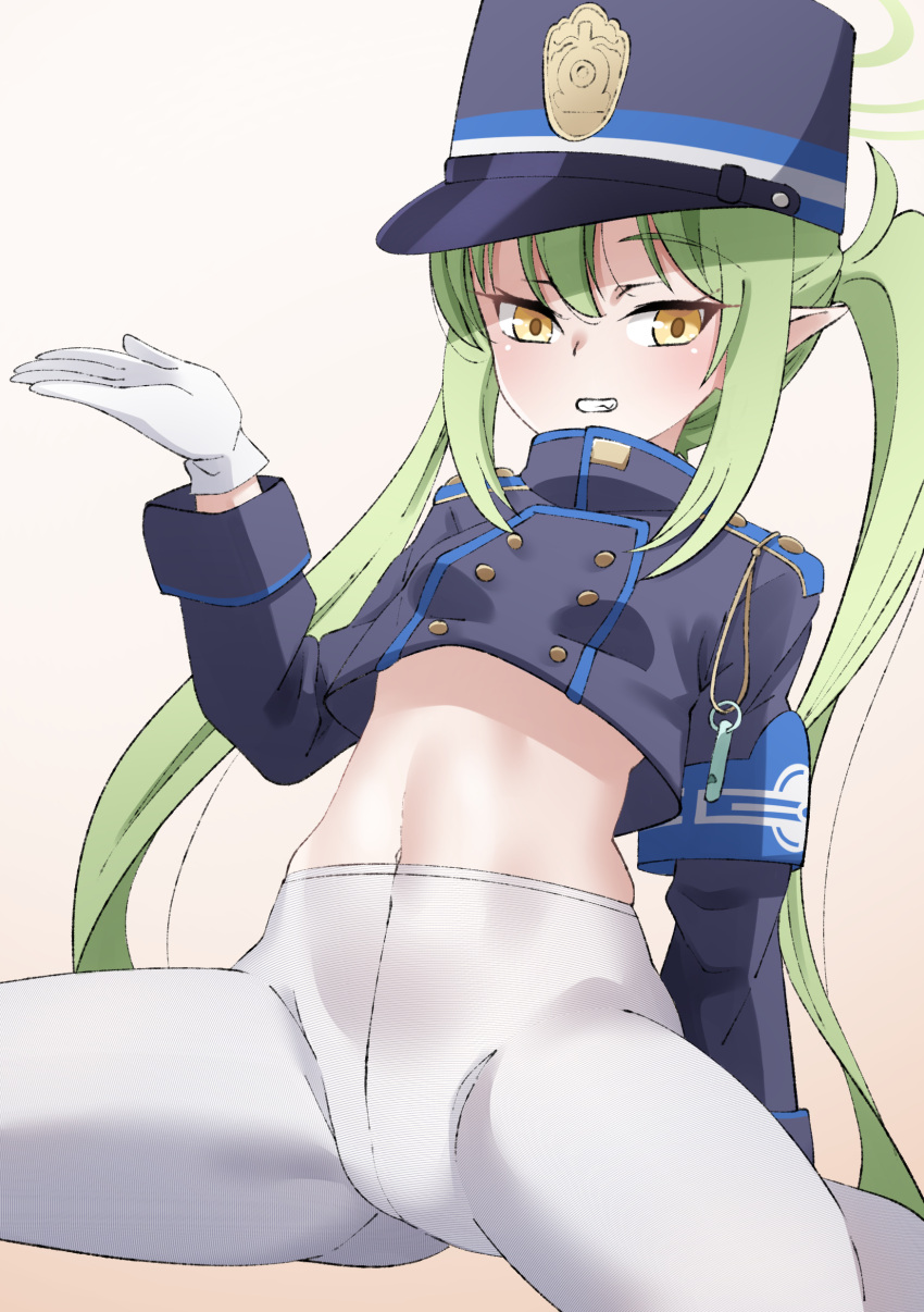 1girl absurdres armband ass_visible_through_thighs black_hat blue_archive blue_armband buttons double-breasted gloves green_eyes green_hair green_halo halo hand_up hat highlander_twintails_conductor_(blue_archive) highres looking_at_viewer no_panties pantyhose peaked_cap pointy_ears shirozaya sitting train_conductor twintails wariza white_gloves white_pantyhose