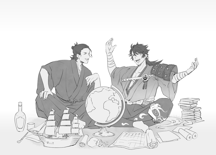 armor book book_stack bottle closed_eyes globe greyscale hakama half_updo highres indian_style japanese_armor japanese_clothes katsugeki/touken_ranbu kote male_focus model_ship monochrome multiple_boys mutsu-no-kami_yoshiyuki natsumaro sakamoto_ryouma sitting touken_ranbu