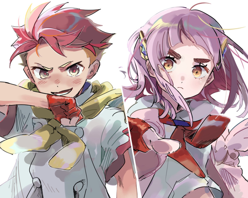 1boy 1girl arched_bangs bezquomvjq49661 blush cardigan closed_mouth coat collared_shirt crispin_(pokemon) eyelashes gloves hair_ornament hairclip highres lacey_(pokemon) long_sleeves looking_at_viewer multicolored_hair neckerchief open_clothes open_mouth orange_hair pink_hair pokemon pokemon_sv red_gloves red_hair shirt short_hair smile upper_body white_shirt yellow_eyes