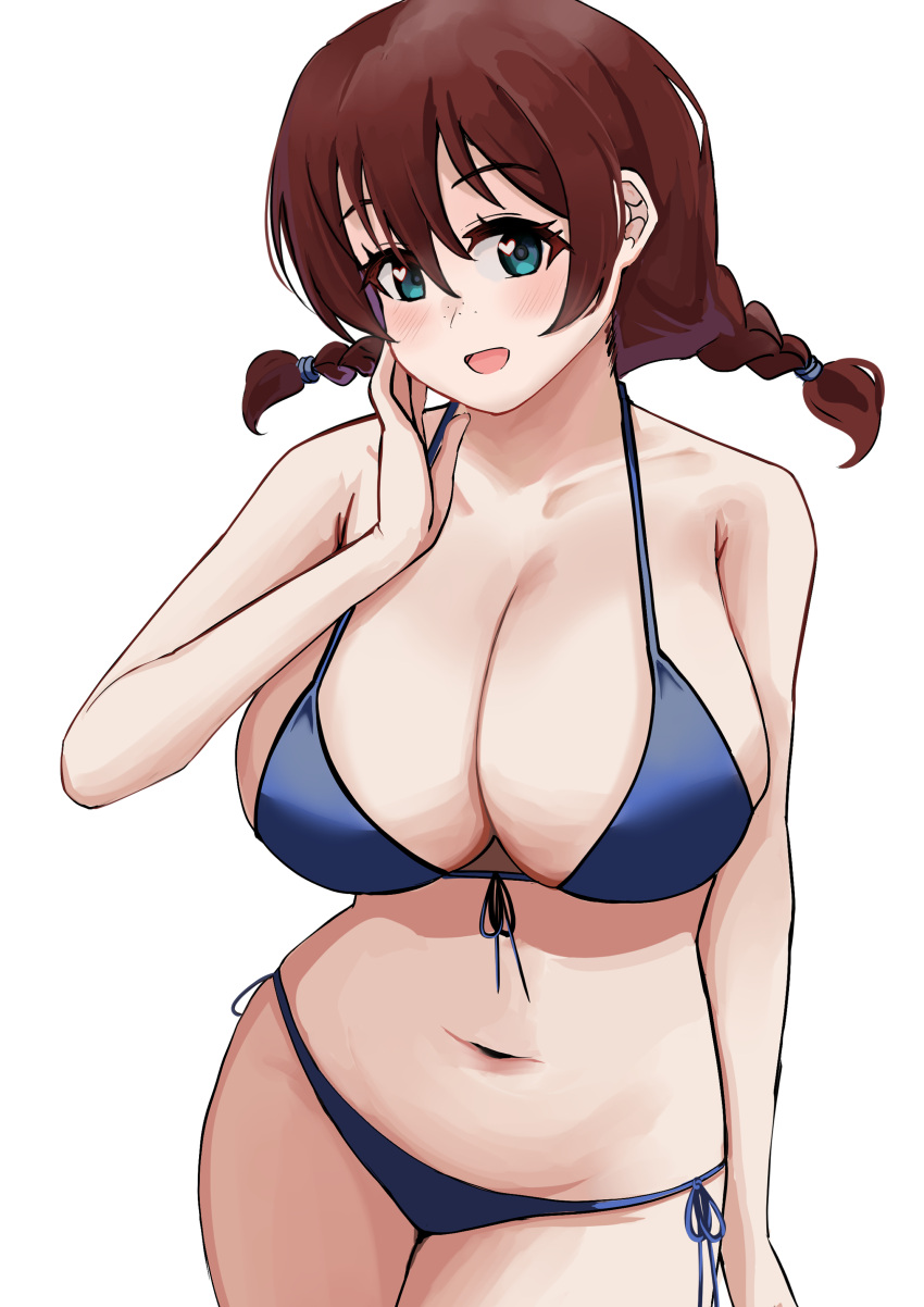 1girl :d absurdres aqua_eyes arm_at_side bare_arms bikini blue_bikini blush braid breasts brown_hair cleavage collarbone commentary_request cowboy_shot emma_verde hair_between_eyes highres large_breasts looking_at_viewer love_live! love_live!_nijigasaki_high_school_idol_club navel open_mouth pisagi short_twintails sidelocks simple_background smile solo standing swimsuit twin_braids twintails white_background