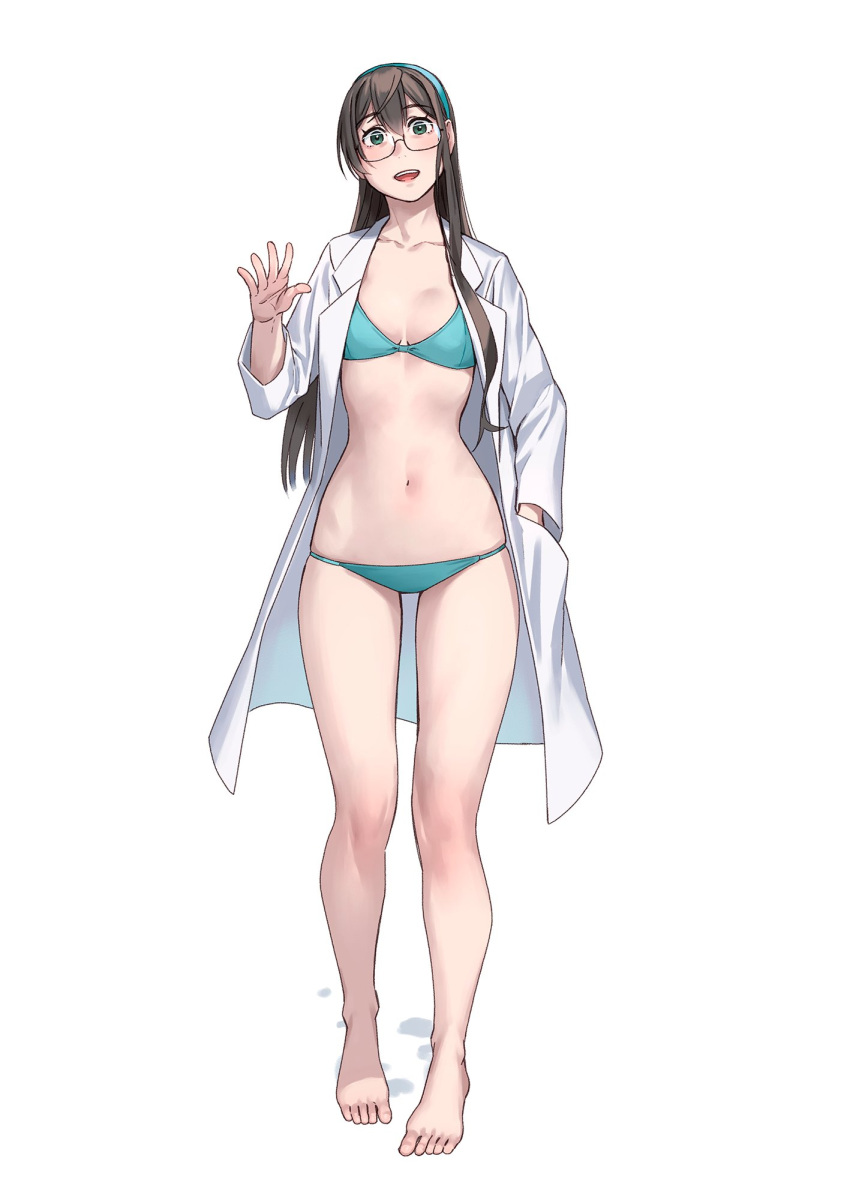 1girl aqua_bikini barefoot bikini black_hair blush breasts coat collarbone full_body glasses green_eyes green_hairband hair_between_eyes hairband highres kantai_collection long_hair long_sleeves looking_at_viewer navel ooyodo_(kancolle) open_clothes open_coat open_mouth simple_background small_breasts smile solo swimsuit toes white_background white_coat yuuji_(and)