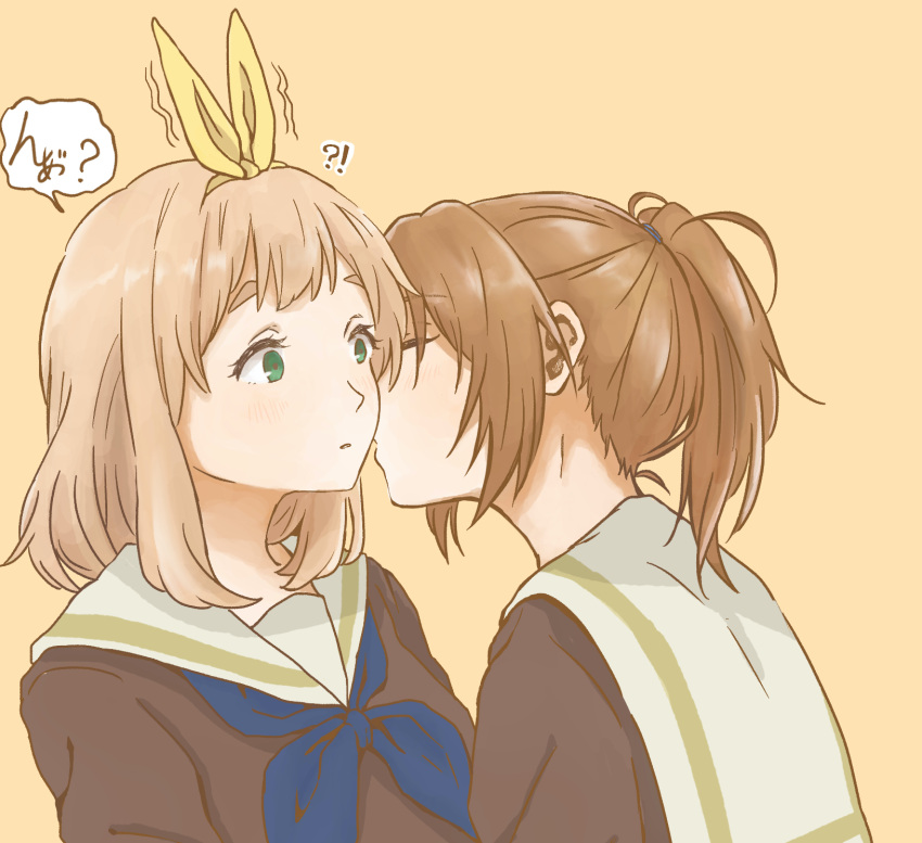 2girls blue_neckerchief blush bow_hairband brown_hair brown_shirt closed_eyes commentary_request curryisfriend green_eyes hairband hibike!_euphonium highres imminent_kiss kiss kissing_cheek kitauji_high_school_uniform light_brown_hair liz_to_aoi_tori long_hair multiple_girls nakagawa_natsuki neckerchief parted_lips ponytail sailor_collar school_uniform serafuku shirt simple_background upper_body white_sailor_collar yellow_background yellow_hairband yoshikawa_yuuko