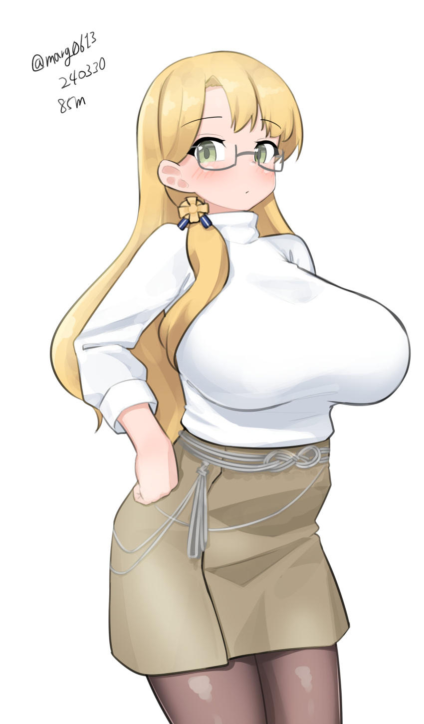 1girl absurdres alternate_costume black_pantyhose blonde_hair breasts dated glasses green_eyes grey_skirt hair_over_shoulder hand_on_own_hip highres kantai_collection large_breasts long_hair maru_(marg0613) navy_cross northampton_(kancolle) one-hour_drawing_challenge pantyhose pencil_skirt simple_background skirt solo sweater twitter_username white_background white_sweater