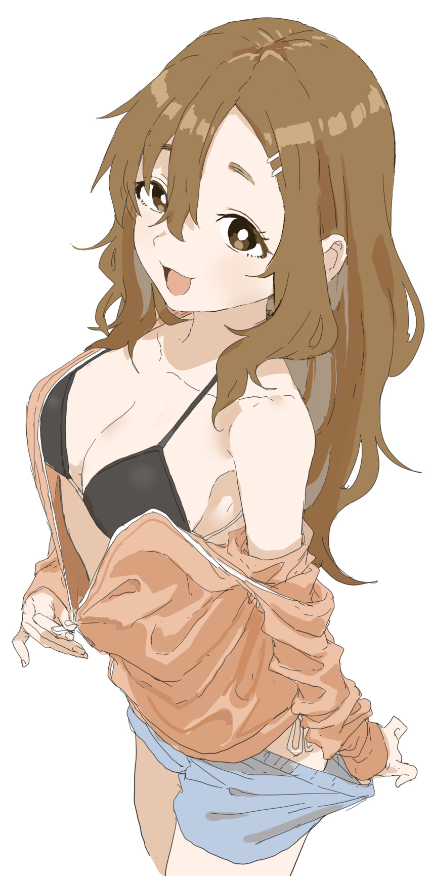 1girl :d absurdres bikini black_bikini blue_shorts breasts brown_eyes brown_hair collarbone commentary_request hair_between_eyes hair_ornament hairclip highres jacket long_hair long_sleeves looking_at_viewer maki_(soredemo_ayumu_wa_yosetekuru) medium_breasts open_mouth orange_jacket shorts smile solo soredemo_ayumu_wa_yosetekuru swimsuit white_background yamamoto_souichirou