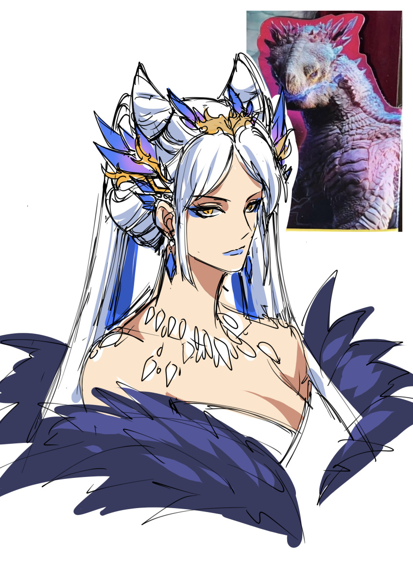 1girl absurdres blue_lips concept_art godzilla_(series) godzilla_x_kong:_the_new_empire highres humanization kurosaki_sasori long_hair monsterverse shimo_(monsterverse) twintails white_hair yellow_eyes