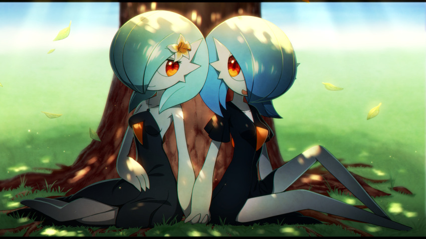 against_tree alternate_color blue_hair bob_cut colored_skin falling_petals flower gardevoir grass hair_flower hair_ornament hair_over_one_eye holding_hands jewelry letterboxed lotosu necklace on_grass open_mouth orange_eyes petals pokemon pokemon_(creature) shiny_pokemon smile tree tree_shade white_skin