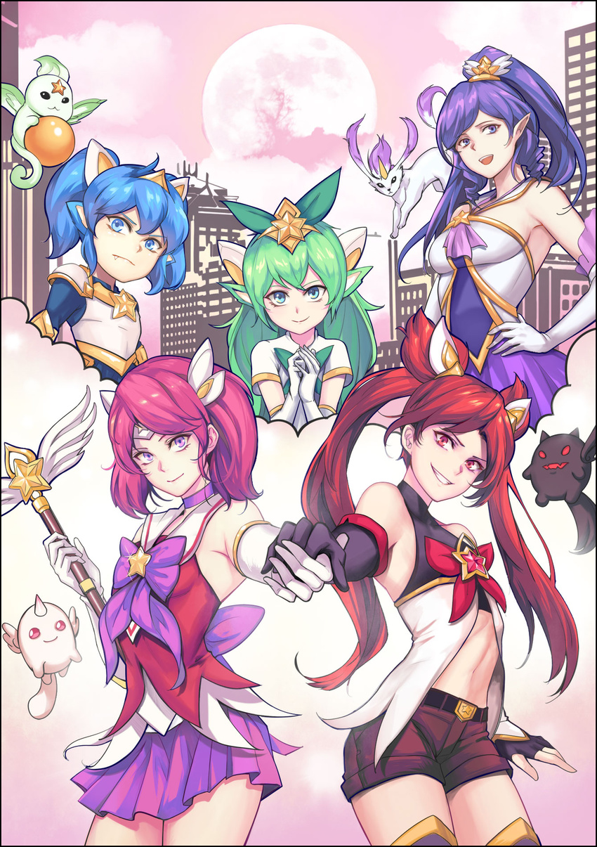 armor bare_shoulders blue_eyes blue_hair breasts building cal_(pmgdd) city drill_locks elbow_gloves familiar fang fingerless_gloves flat_chest forehead_jewel full_moon gloves green_eyes green_hair hair_ornament hand_on_hip highres holding_hands janna_windforce jinx_(league_of_legends) large_breasts league_of_legends long_hair looking_at_viewer lulu_(league_of_legends) luxanna_crownguard magical_girl moon multiple_girls navel pink_sky pleated_skirt pointy_ears poppy purple_eyes purple_hair red_eyes red_hair school_uniform serafuku shirt shorts skirt sky sleeveless sleeveless_shirt small_breasts smile smoke sparkle staff star_guardian_janna star_guardian_jinx star_guardian_lulu star_guardian_lux star_guardian_poppy teeth twintails yordle