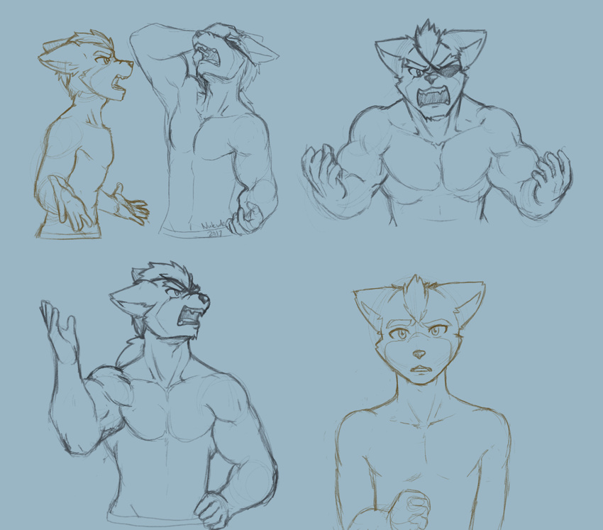 anthro canine duo eye_patch eyewear fox fox_mccloud greyscale hi_res male male/male mammal monochrome muscular muscular_male nintendo nude nukde ponytail star_fox video_games wolf wolf_o'donnell